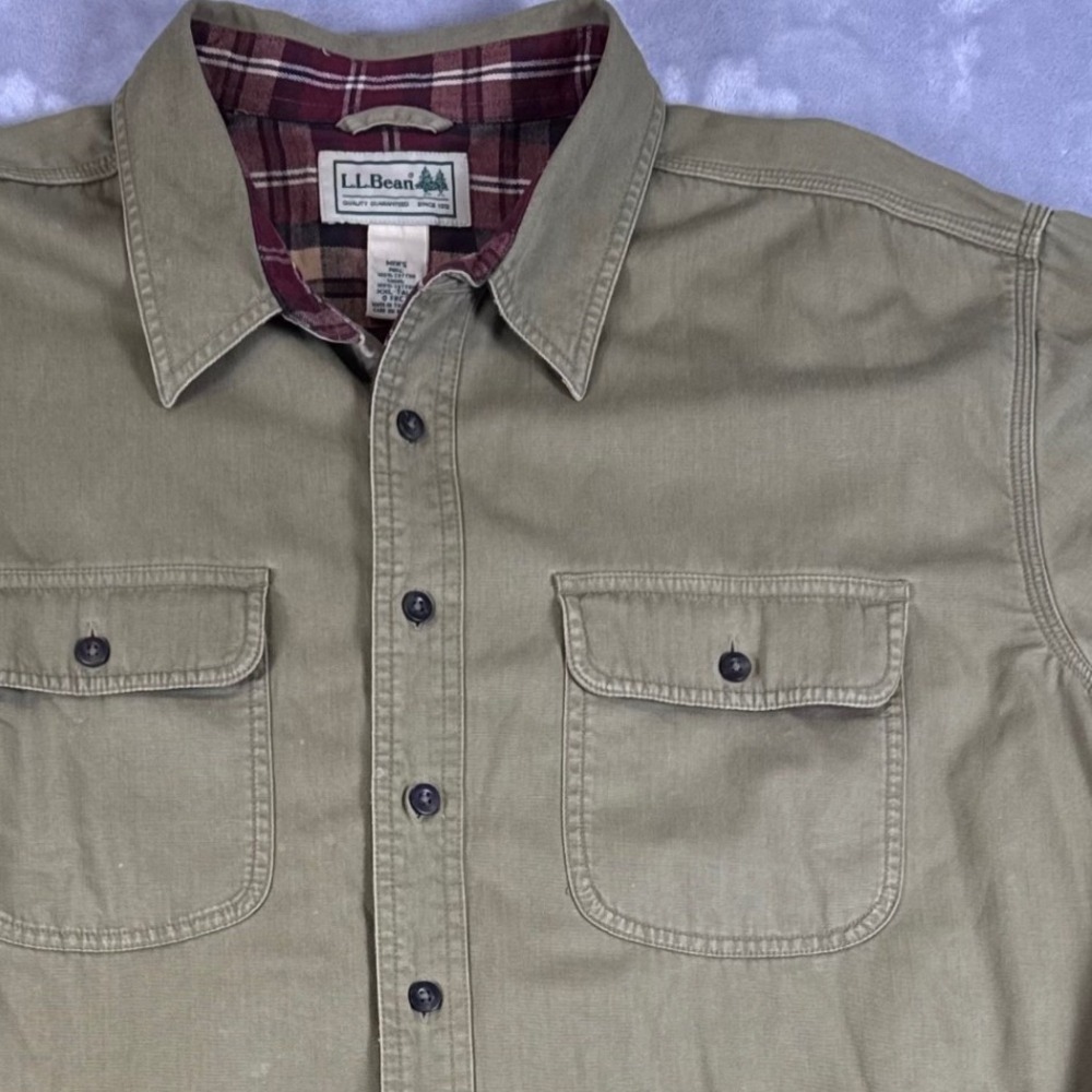 LL Bean Flannel Lined Work Shirt Mens XXL Tall Khaki Tan Plaid Cotton Twill*